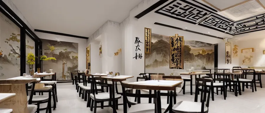 Image similar to a beautiful simple interior 4 k hd wallpaper illustration of small roasted string hotpot restaurant restaurant pagoda hill, wall corner, from china, wallpaper with pagoda and mountain and white tile floor, rectangle white porcelain table, black chair, fine simple delicate structure, chinese style, simple style structure decoration design, victo ngai, 4 k hd