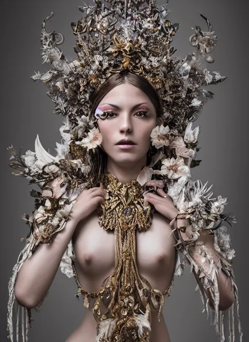 Prompt: full body environmental portrait photo of a goddess as angel, ornate headpiece made from flowers, ornaments, glamour shot by gemmy woud - binnendijk, lindsay adler, stefan gesell, photorealistic, canon r 3, fashion photography, ornate, elegant, luxury and elite, symmetrical features, octane render, unreal engine, solid dark grey background, dramatic lights