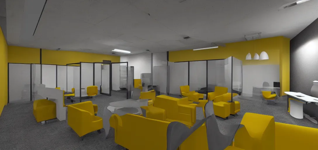 Image similar to backrooms yellow office place with nobody bright, 8 k photorealistic, hd, high details, trending on artstation