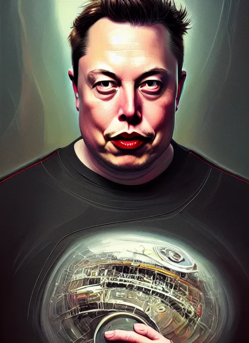 Prompt: obese elon musk, portrait, intricate, elegant, highly detailed, digital painting, artstation, concept art, wallpaper, smooth, sharp focus, illustration, art by h. r. giger and artgerm and greg rutkowski and alphonse mucha