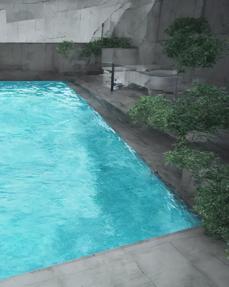 Image similar to swimming pool, liminal space, octane render