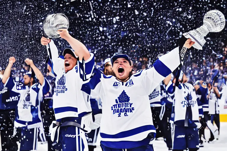 Prompt: Auston Matthews raising the Stanley Cup as a tsunami approaches in the background, photo, 4K