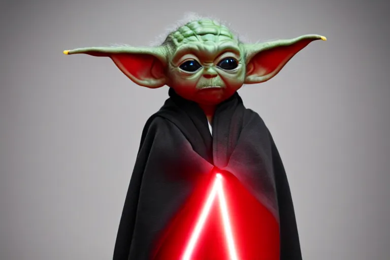 Image similar to Sith!! Baby Yoda!!, black robes, spot lit, closeup shallow depth of field, red glowing eyes