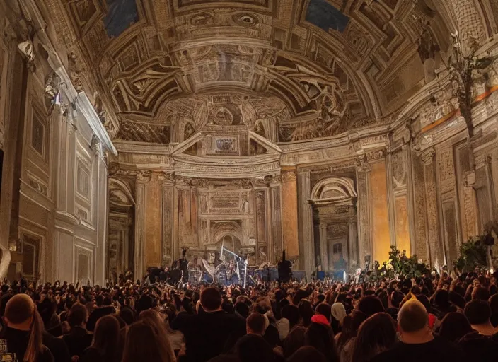 Prompt: a high resolution photograph of sunn o ) ) ) playing live at the vatican