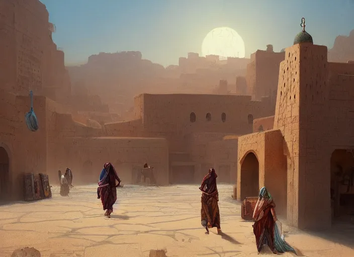 Image similar to Trader's City Kvar. Middle eastern buildings in the desert. Oasis. Colorful tapestries. a fantasy digital painting by Greg Rutkowski and James Gurney, trending on Artstation, highly detailed