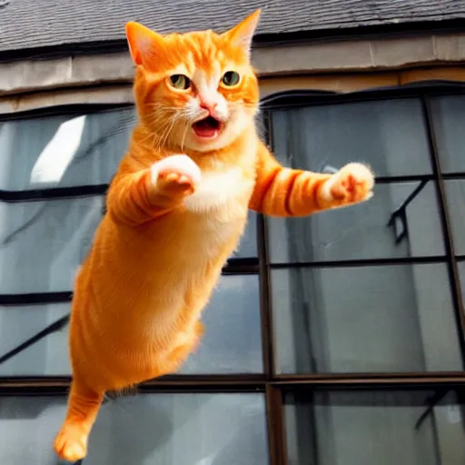 Image similar to orange tabby cat dual wielding AK-47s, while jumping backward out a window