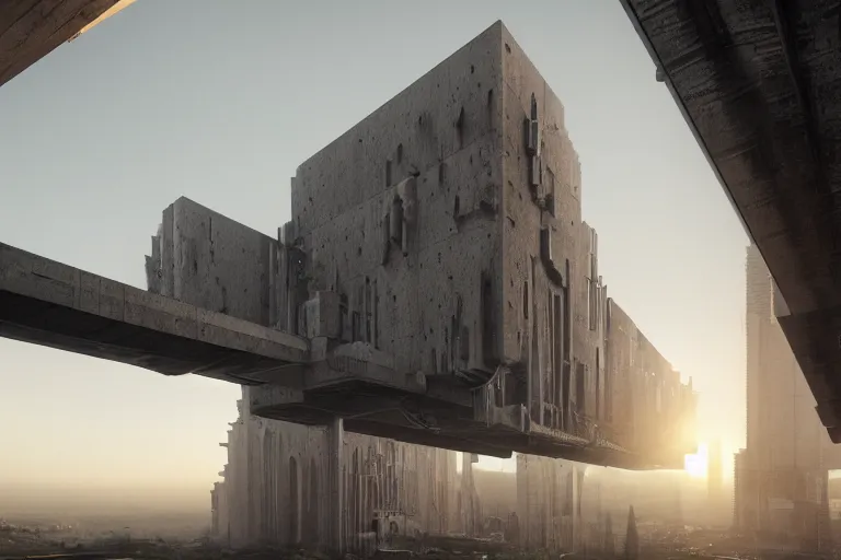 Prompt: an enormous, extremely detailed cathedral of brutalist architecture, covered with greebles, stunning volumetric light, sunset, metal, concrete and translucent material, stunning skies, majestic landscape, trending on Artstation, 8k, photorealistic, hyper detailed, unreal engine 5, IMAX quality, cinematic, epic lighting, in the style of Greg Rutkowski