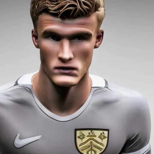 Image similar to a realistic detailed photo of a guy who is an attractive humanoid who is half robot and half humanoid, who is a male android, soccer players martin ødegaard & timo werner, shiny skin, posing like a statue, blank stare, in a factory, on display, showing off his muscles, gold soccer shorts, side view, repairing the other one