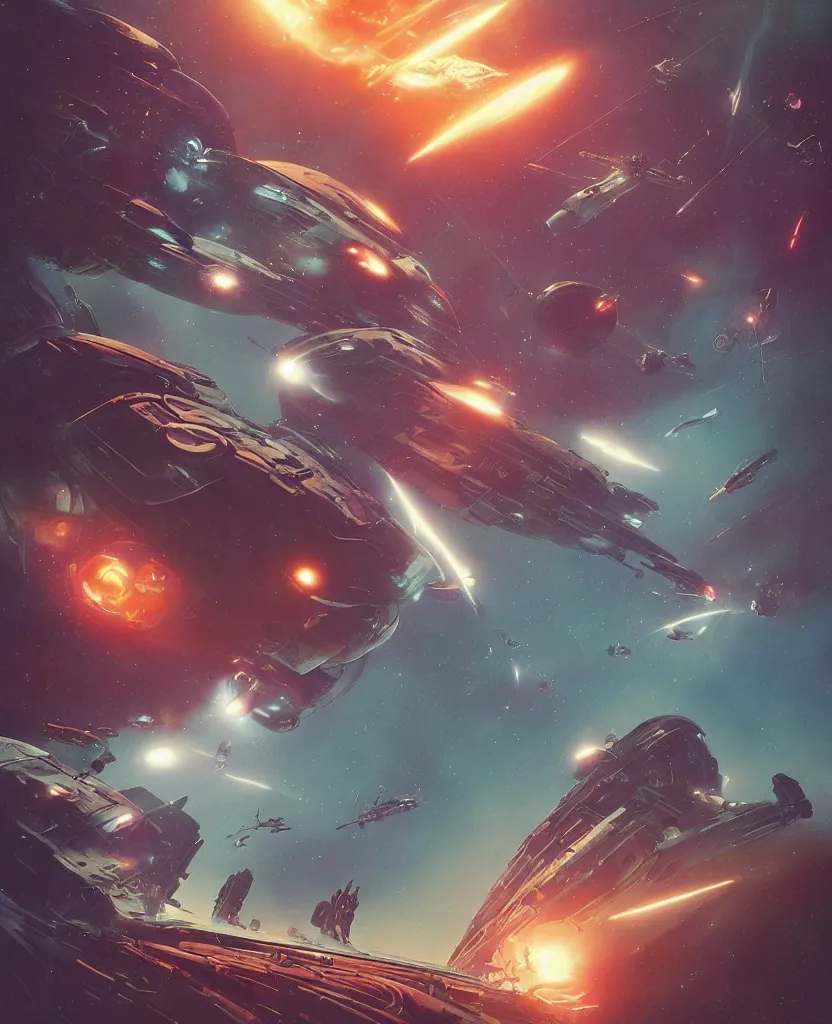 Prompt: retro futuristic sci - fi poster by moebius and greg rutkowski, epic spaceship battle, nebulae, stargezers