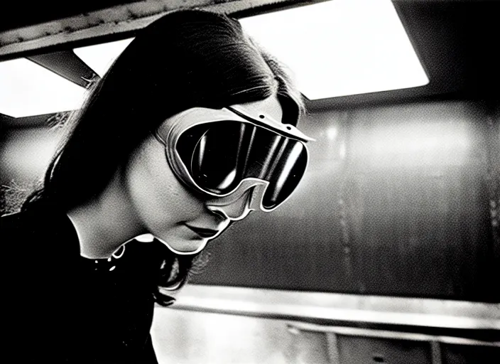 Image similar to close - up portrait of a young woman wearing a choker and welding goggles, in a subway, richard avedon, tri - x pan