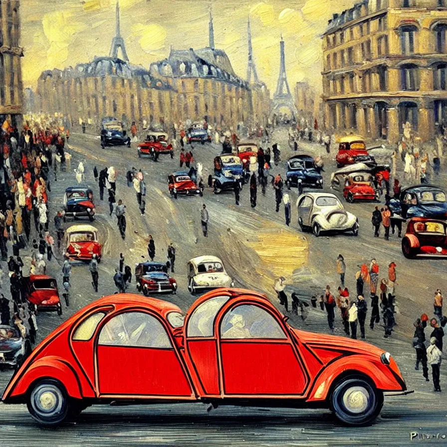 Prompt: twenty citroen 2 cv racing through paris in the 1 9 5 0 s. oil painting by pisaro