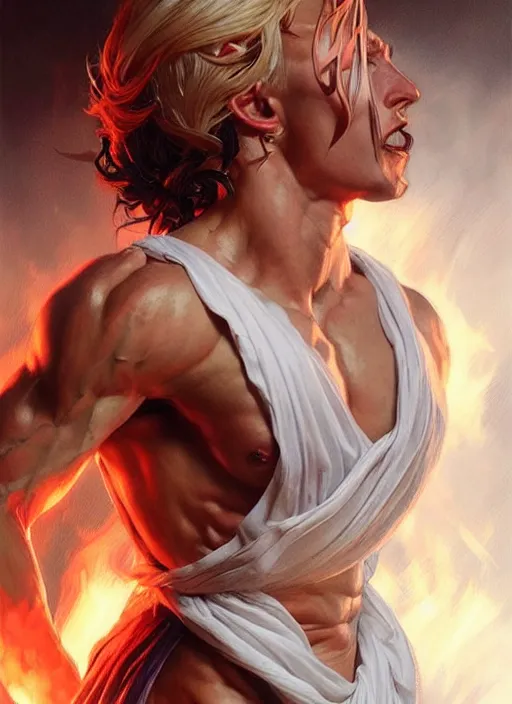 Image similar to portrait of aggressive eden hazard, d & d, muscular! white, fire, fantasy, intricate, elegant, highly detailed, digital painting, artstation, concept art, smooth, sharp focus, illustration, art by artgerm and greg rutkowski and alphonse mucha