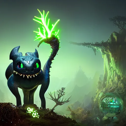 Image similar to realistic bioluminescent toothless on a steampunk biome, sparkles, magical, elves, fantasy, hyper realism, intricate, digital art, detailed, studio shot, unreal engine 5, octane, high definition, smooth, artstation, behance