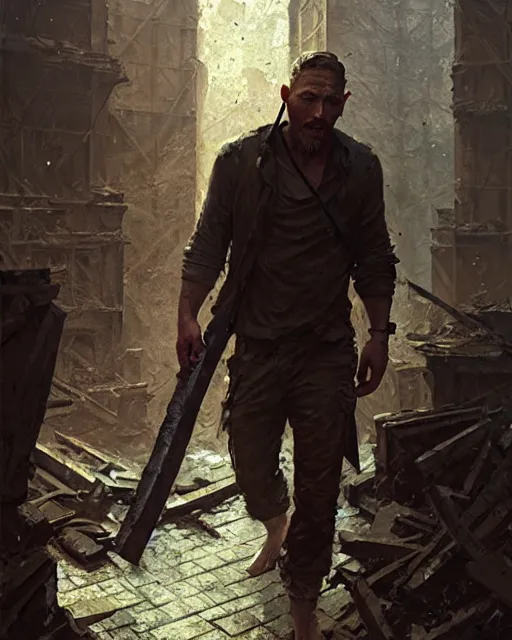 Image similar to tom hardy as a survivor, scavenging the ruins | | realistic shaded, fine details, realistic shaded lighting painting by greg rutkowski, diego gisbert llorens, magali villeneuve, artgerm, jeremy lipkin, michael garmash, rob rey