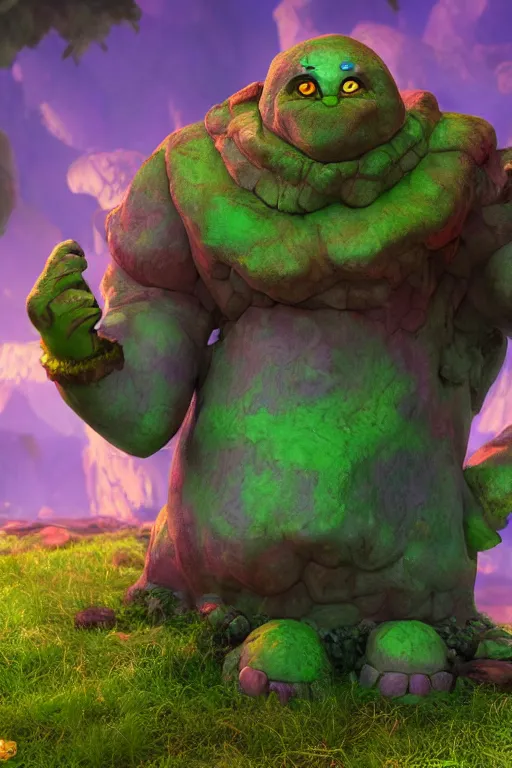 Image similar to arcane fantasy art giant golem elemental wood rock bastion forged gemstone enchanted forest troll, global illumination ray tracing hdr fanart arstation by sung choi and eric pfeiffer and gabriel garza and casper konefal lisa frank zbrush central hardmesh