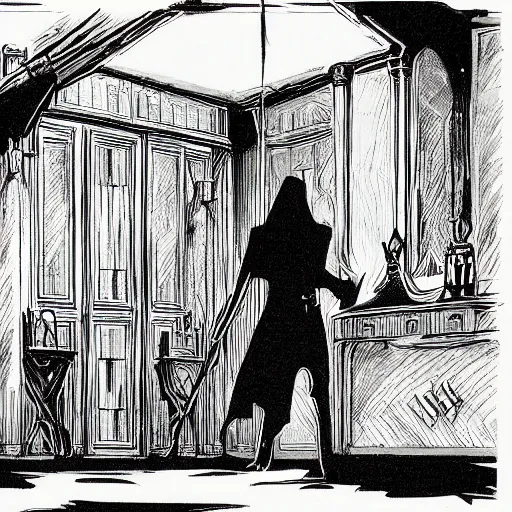 Prompt: Interior shot of a vampire's manor, inside of a hallway with large ominous windows. Dark Fantasy, Film Noir, Black and White. High Contrast, Mike Mignola, D&D, OSR