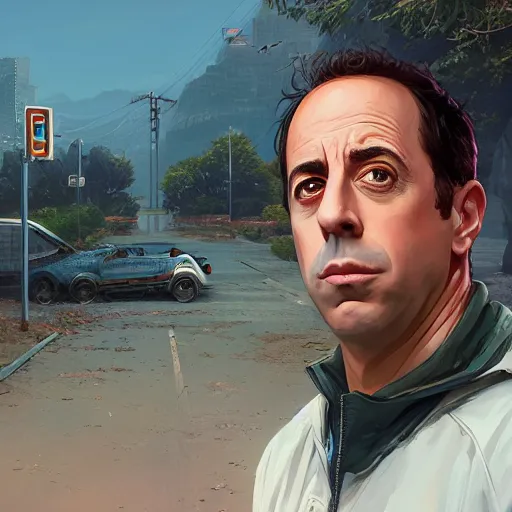 Image similar to highly detailed portrait, jerry seinfeld, in gta v, stephen bliss, unreal engine, fantasy art by greg rutkowski, loish, rhads, ferdinand knab, makoto shinkai and lois van baarle, ilya kuvshinov, rossdraws, tom bagshaw, global illumination, radiant light, detailed and intricate environment