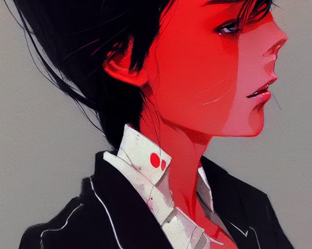 Image similar to a ultradetailed beautiful panting of a stylish woman wearing a shirt with a tie, she has black hair, by conrad roset, greg rutkowski and makoto shinkai, trending on artstation