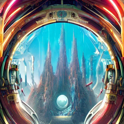 Prompt: detailed artstation style, futuristic utopian fantasy, futuristic - natural - beauty, doorway to utopia, an ornate multi - colored doorway opens on to a fantastical landscape, a place of astonishing beauty and fun, vibrant, fantasy - utopian architecture