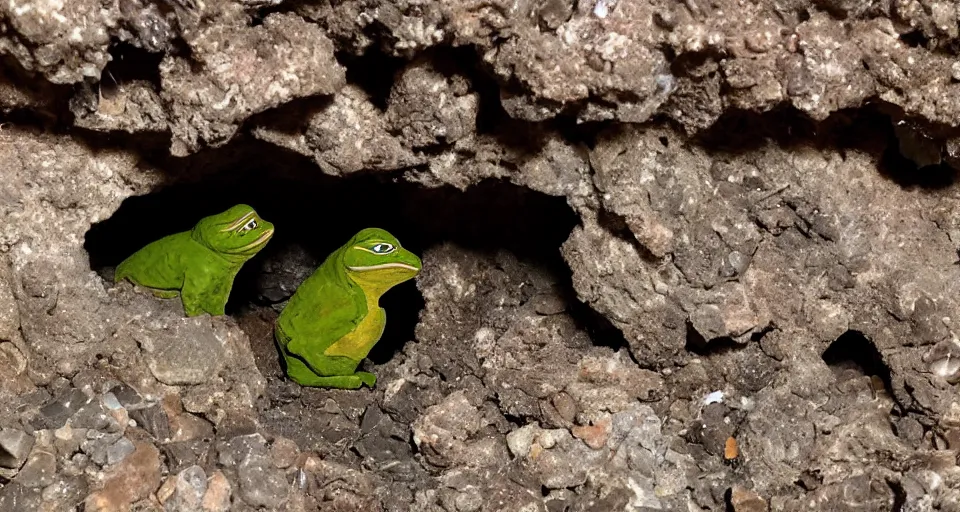 Image similar to pepe in a cave digging crystals