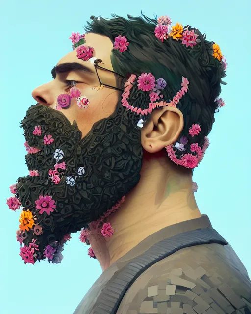 Image similar to a realistic ultradetailed digital painting of a man with flowers in his beard, profile, cyberpunk art by beeple, behance contest winner, retrofuturism, voxel art, # pixelart, dystopian art