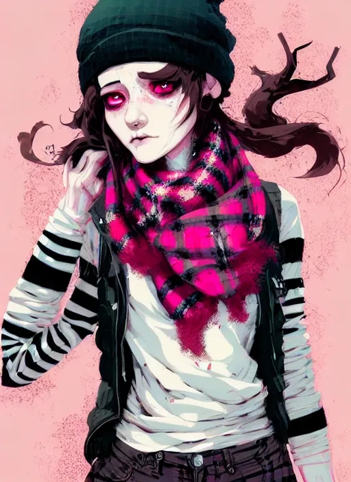 Image similar to highly detailed portrait of a sewer ( ( emo punk ) ) lady student, beanie, pink eyes, tartan scarf, curly hair by atey ghailan, by greg rutkowski, by greg tocchini, by james gilleard, by joe fenton, by kaethe butcher, gradient pink, black, brown and cream color scheme, grunge aesthetic!!! graffiti tag wall background