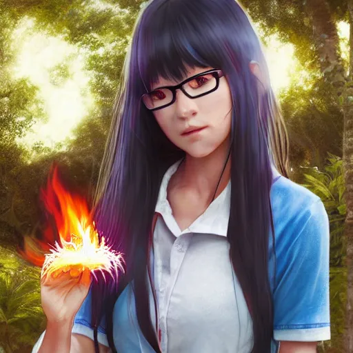 Prompt: real nagatoro using white and red tight raglan sleeves, tight blue jeans and cool shoes in a tropical forest, epic hair glowy fire flames, artstation, 3 d ray tracing, lumen, octane render flawless masterpiece concept art professionally post processed by wlop