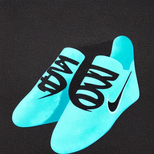 Image similar to poster nike shoe inspired by slippers made of very fluffy cyan and black faux fur placed on reflective surface, professional advertising, overhead lighting, heavy detail, realistic by nate vanhook, mark miner