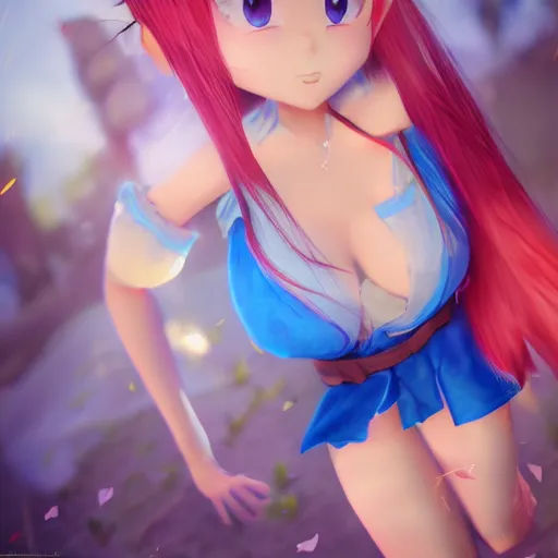 Image similar to smurfette, beautiful anime cute girl by WLOP, full body, fancy top, miniskirt, front view, summer lake setting, cinematic lightning, medium shot, mid-shot, highly detailed, trending on Artstation, Unreal Engine 4k, cinematic wallpaper