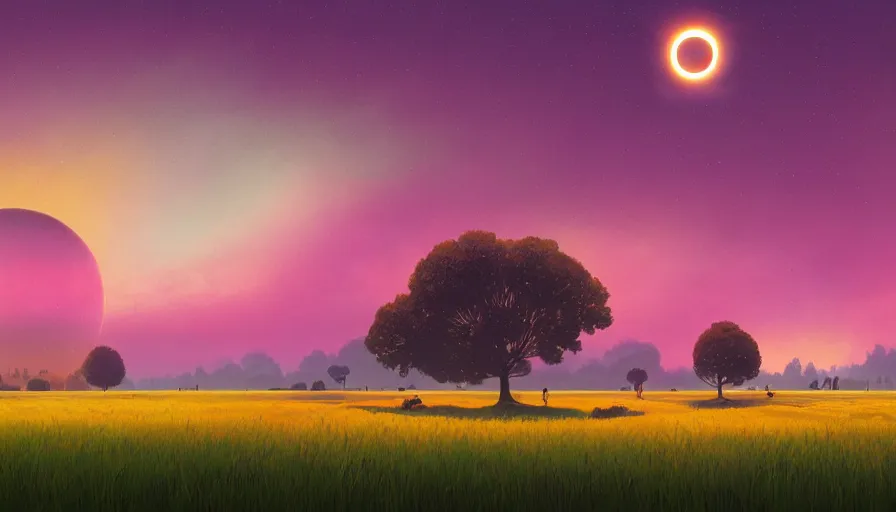 Image similar to solar eclipse in the colourful sky, wheat field, radio telescope, big trees, matte painting, art station, digital art, simon stalenhag