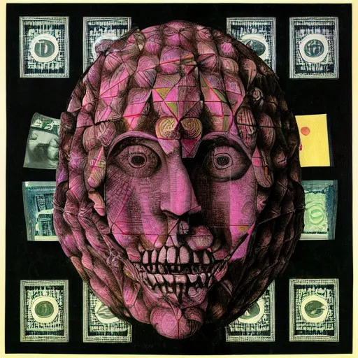 Prompt: post - punk new age album cover, asymmetrical design, dollar bank notes, capitalism, magic, apocalypse, psychedelic, black white pink, magic, giger h. r., giuseppe arcimboldo, peder aalto