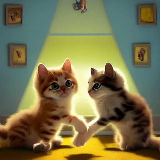 Prompt: some kittens playing around in a room with yellow background color. the room contains a fridge. animal cat. digital art. artstation. realistic. vibrant. illustration. in the style of pixar movie. octane render. art by artgerm and greg rutkowski and alphonse mucha. volumetric lighting.