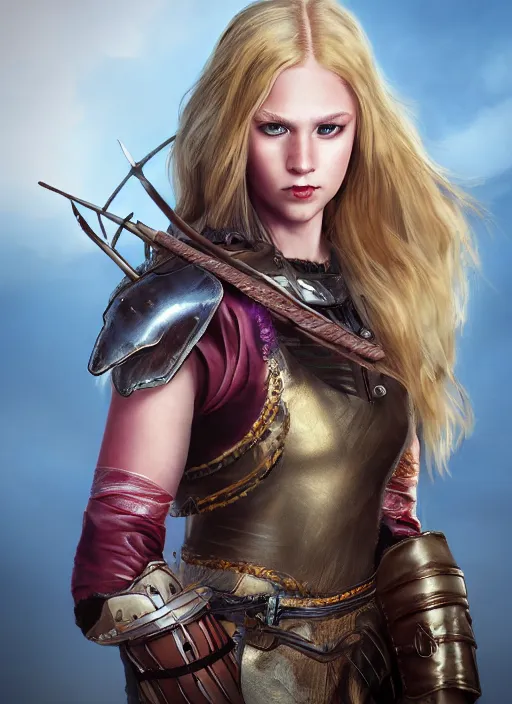 Image similar to An epic fantasy comic book style portrait painting of a young girl with long blonde hair and blue eyes. Wearing brown and magenta leather tribal combat clothes. She is holding hunting bow. Unreal 5, DAZ, hyperrealistic, octane render, cosplay, RPG portrait, dynamic lighting