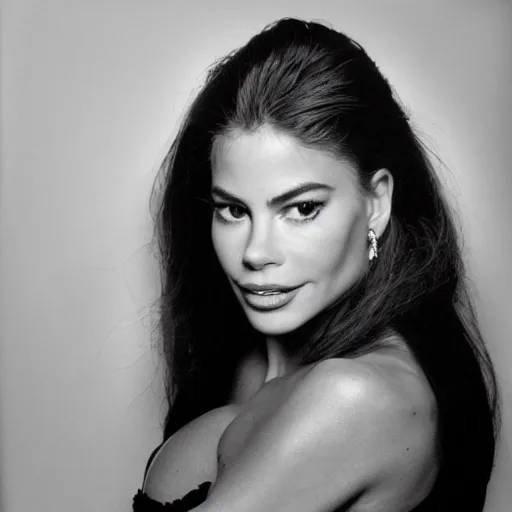 Image similar to Sofia Vergara. close up studio portrait. By Robert Mapplethorpe. Tri-x.