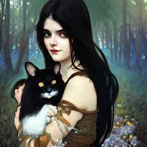 Image similar to cute!!! goth girl with long dark hair parted sideways thick eyebrows and dark eyes, she is holding a cat in her arms, by juan villafuerte, greg rutkowski and alphonse mucha, pexels contest winner, high quality photo, rtx, hd