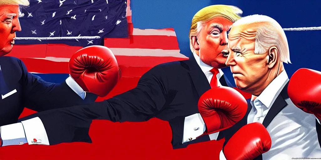 Prompt: donald trump and joe biden in a boxing match, sharp focus, matte painting, illustration, concept art,