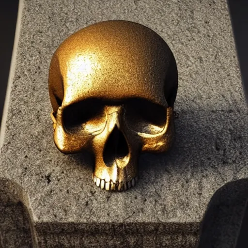 Image similar to a skull made of solid gold sits on an abandoned gravestone, beautiful detailed intricate insanely detailed octane render, 8k artistic photography, photorealistic, chiaroscuro