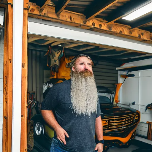 Image similar to a bearded king of the sea standing in his garage