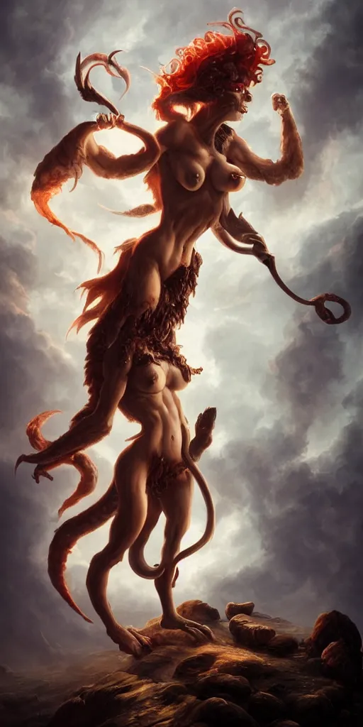 Image similar to partial ecorche female centaur demon with scoliosis and curved horns and fiery eyes on a pedestal, upshot, dramatic cinematography, volumetric lighting, dark curly hair, by peter mohrbacher, smoke, slime, dark