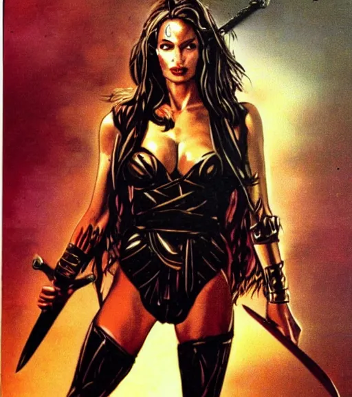 Prompt: 1 9 8 0 s fantasy novel book cover, amazonian angelina jolie in extremely tight bikini armor wielding a cartoonishly large sword, exaggerated body features, dark and smoky background, low quality print