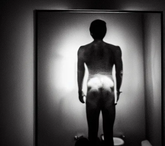 Prompt: photo of a man from the back. He is looking into the bathroom mirror at night. The mirror shows a horrifying demon instead of his reflection