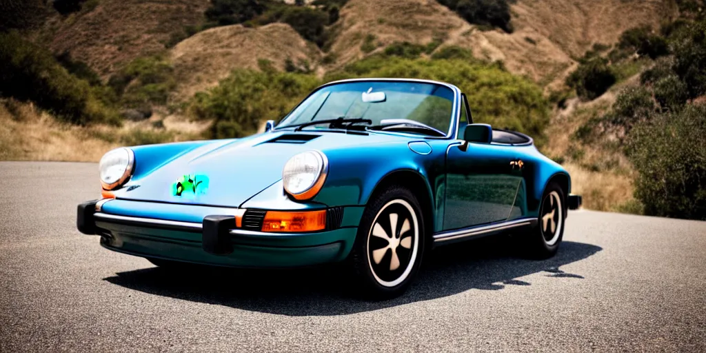 Image similar to photograph, rebadged, 1974 PORSCHE 911, roadster, by Pete Biro, press release, cinematic, malibu canyon, 8k, depth of field, bokeh ,