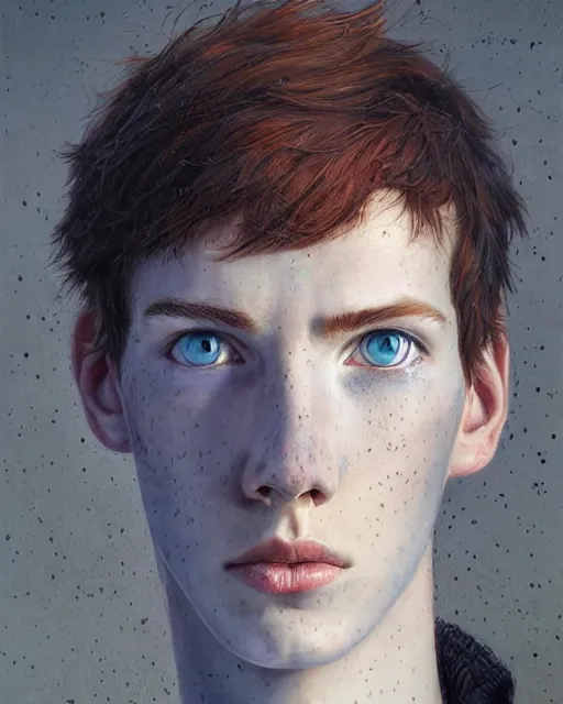 Image similar to portrait of tall, thin, 1 5 - year - old boy with a long nose, a lot of freckles, fiery red hair, and bright blue eyes, hyper realistic face, beautiful eyes, fantasy art, in the style of greg rutkowski, intricate, hyper detailed, smooth