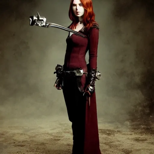 Prompt: full body photo of karen gillan as a vampire warrior with weapons