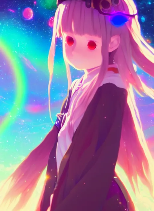 Image similar to portrait of a cute wizard girl, very psychedelic rainbow space background illustration concept art anime key visual trending pixiv fanbox by wlop and greg rutkowski and makoto shinkai and studio ghibli and kyoto animation