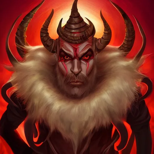 Prompt: dnd portrait of a tiefling, male, red scales, a big black beard, completely golden eyes, 1 curved horn growing out of his forehead, one broken horn growing out of his forehead,