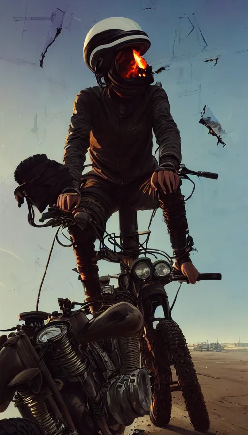 Image similar to a ultradetailed beautiful panting of post apocalyptic biker with helmet in front of crashed airplane burning, by ilya kuvshinov, greg rutkowski and makoto shinkai, trending on artstation