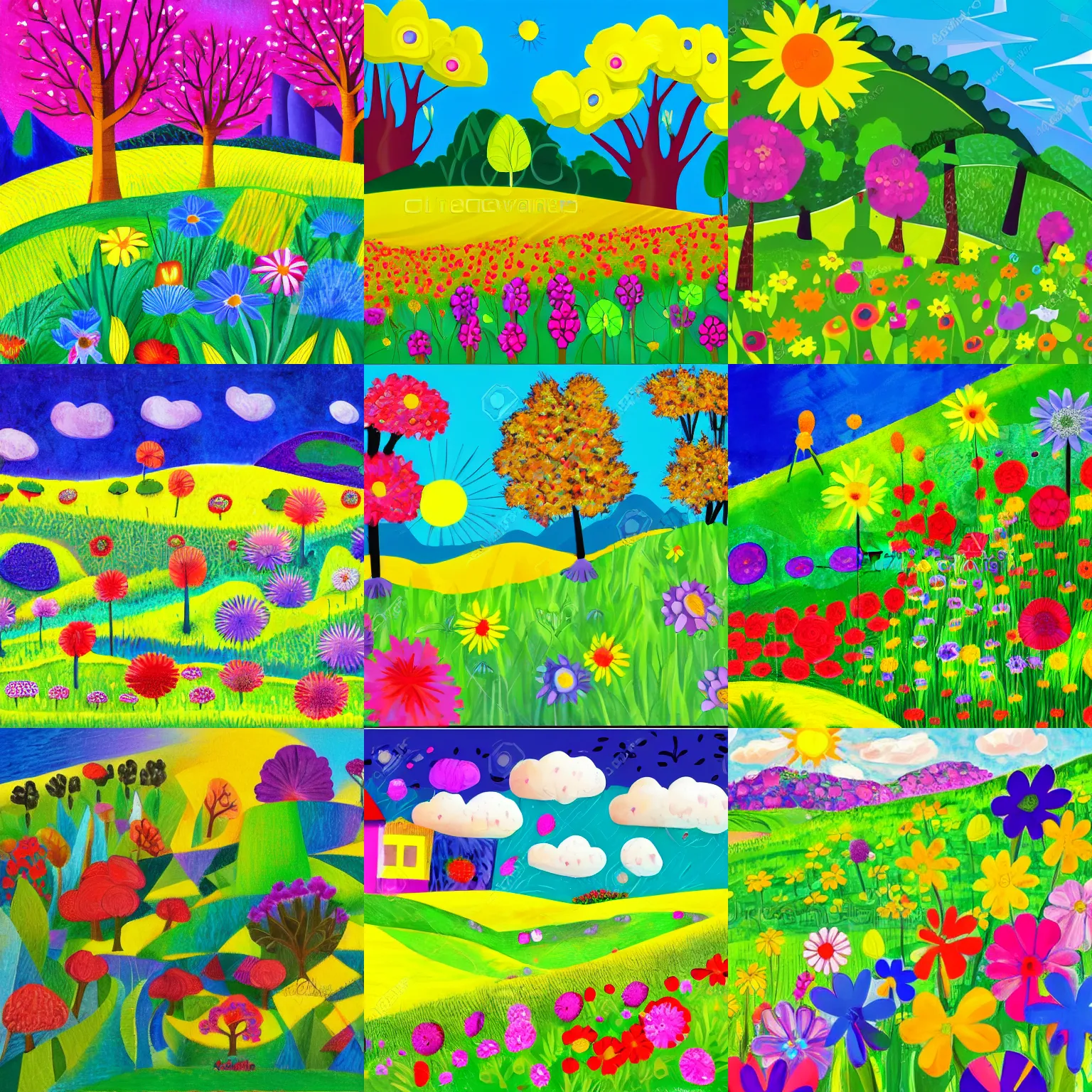 Prompt: meadow with flowers, hill with trees, spring, colorful, bright, cubism, children's illustration