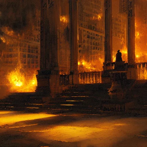 Prompt: the library's of alexandria burning down, eerie, nighttime, craig mullins