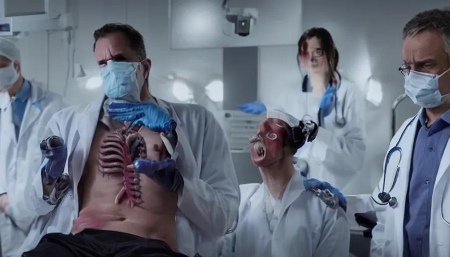 Image similar to big budget horror movie scene, a beautiful doctor is horrified to find cyborgs performing illegal organ transplants